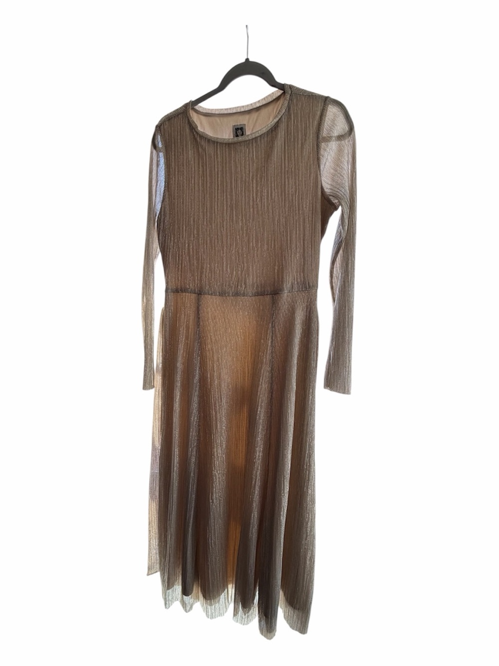 Anne Klein Sheer Metallic Taupe Long-Sleeve Midi Dress